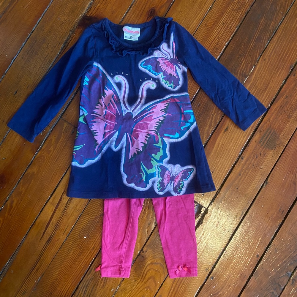 Flapdoodles Butterfly navy tunic and pink bow leggings size 2T